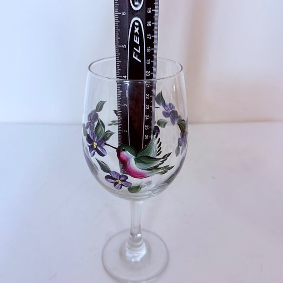 Hand Painted Hummingbird Wine Glass Artistic Purple Violets Stemware Bird Gift - Picture 9 of 14